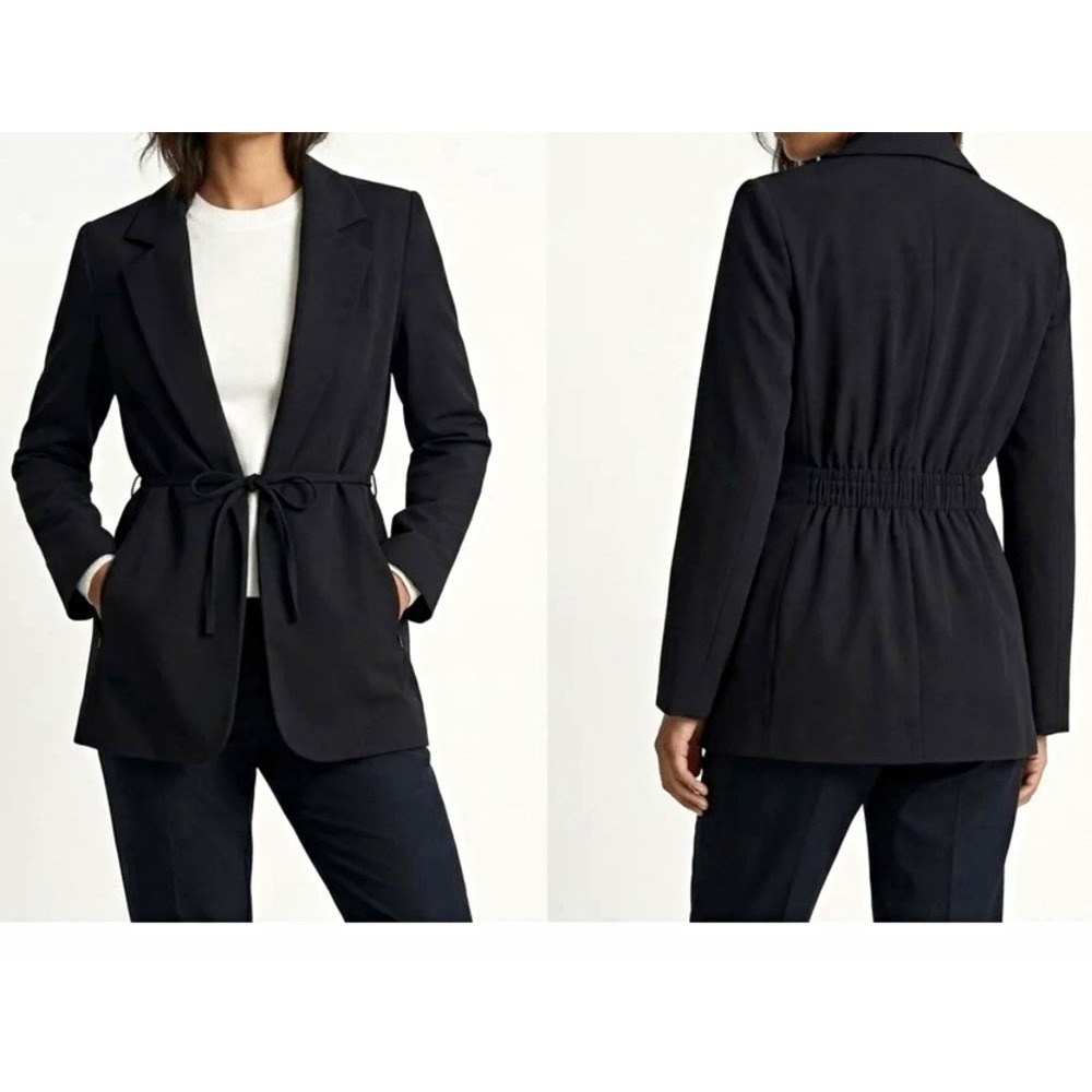 Athleta Primatwill Blazer Women Size 16 Black Tie Waist Pockets Lined